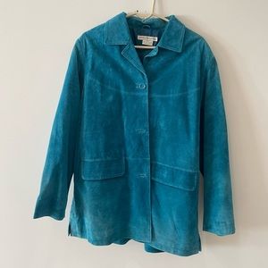 Jessica Holbrook Turquoise/Teal Suede Leather Jacket Coat Button Front Lined L